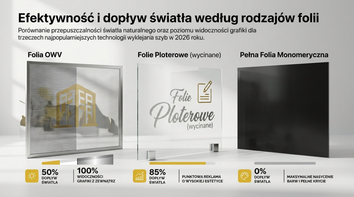 Efektywność i dopływ światła według rodzajów folii